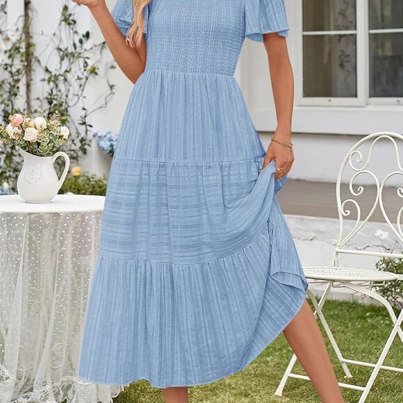 Women's 2025 Summer Flowy Midi Maxi Dress Short Sleeve Square Neck Smocked Tiere - Picture 2 of 7